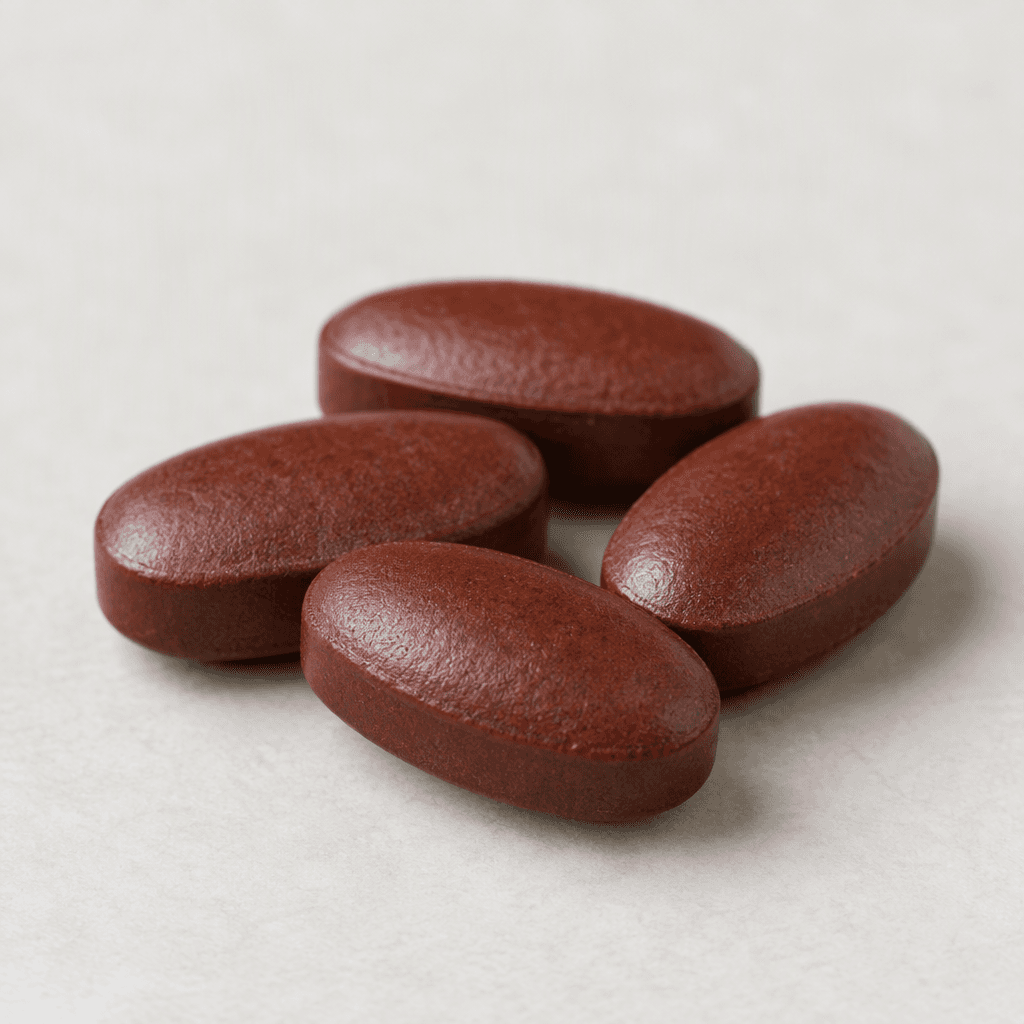 A few small, smooth, dark reddish-brown oblong tablets lie together on a plain surface.