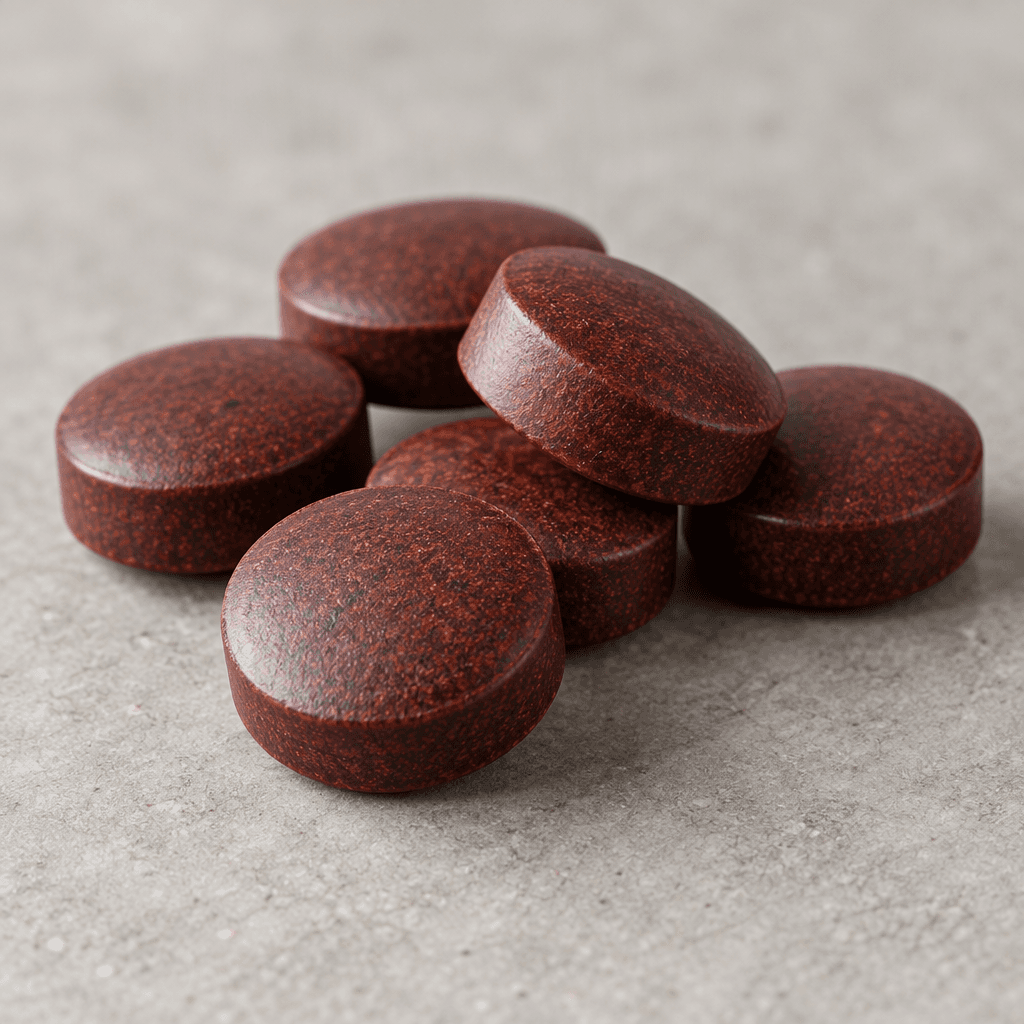 Several small, smooth, dark reddish-brown tablets lie on a plain surface.