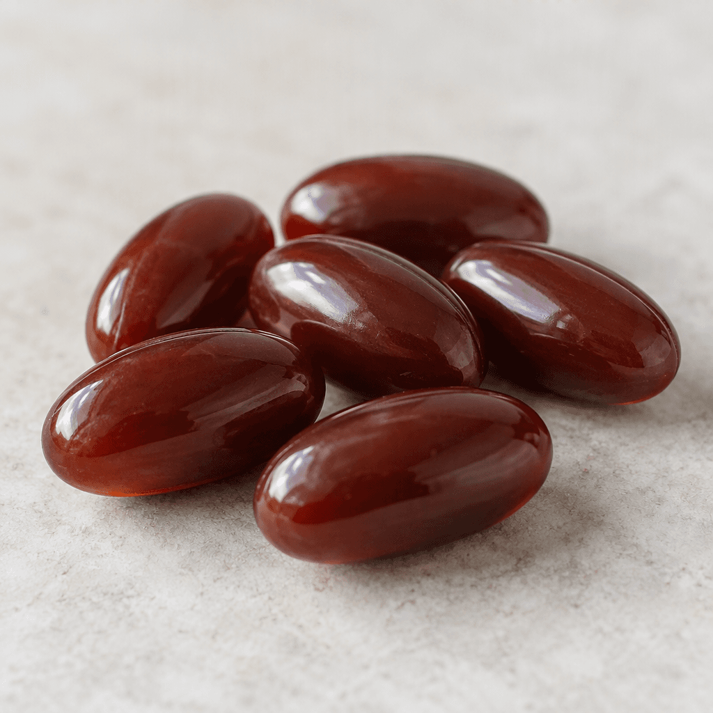 Several small, smooth, dark reddish-brown oblong tablets are arranged on a plain surface.