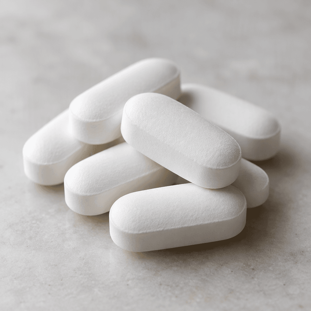 Smooth, white, oblong tablets are arranged in a small, neat group on a plain surface.