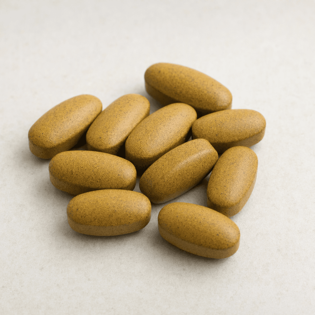 Several small, smooth, oval tablets in a muted yellow-brown shade are arranged loosely on a plain surface.