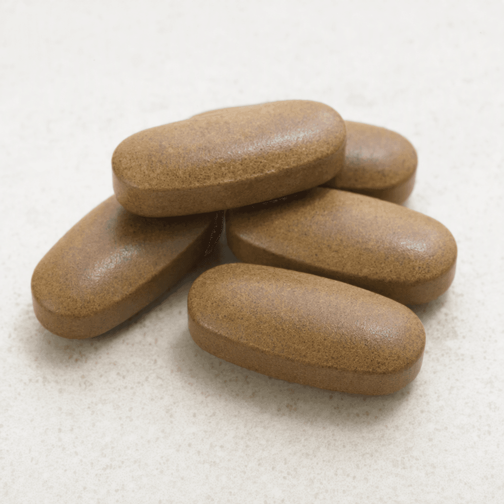 A few smooth, oblong, muted brown tablets with gently rounded edges are arranged on a plain surface.