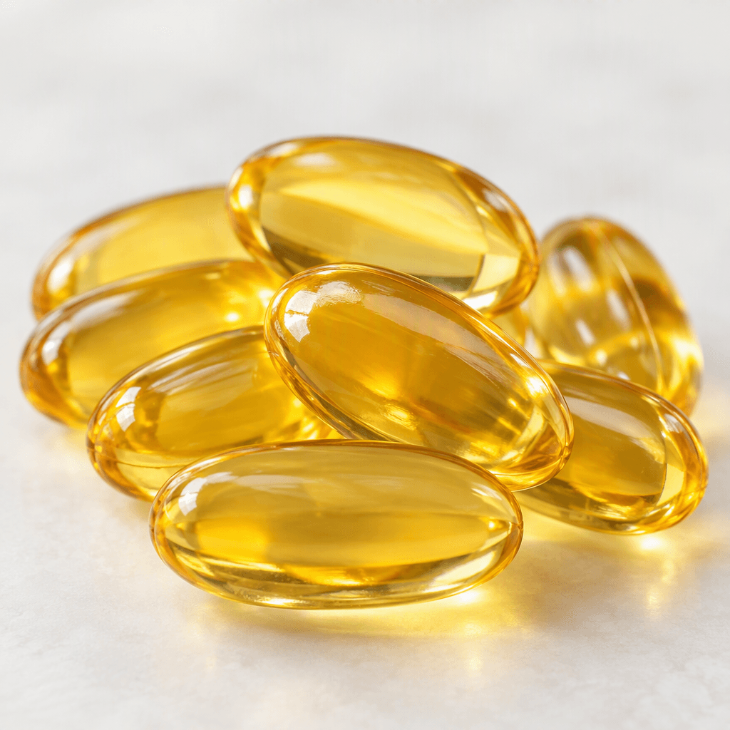 Several smooth, glossy, translucent golden-amber oval softgel capsules are arranged together.