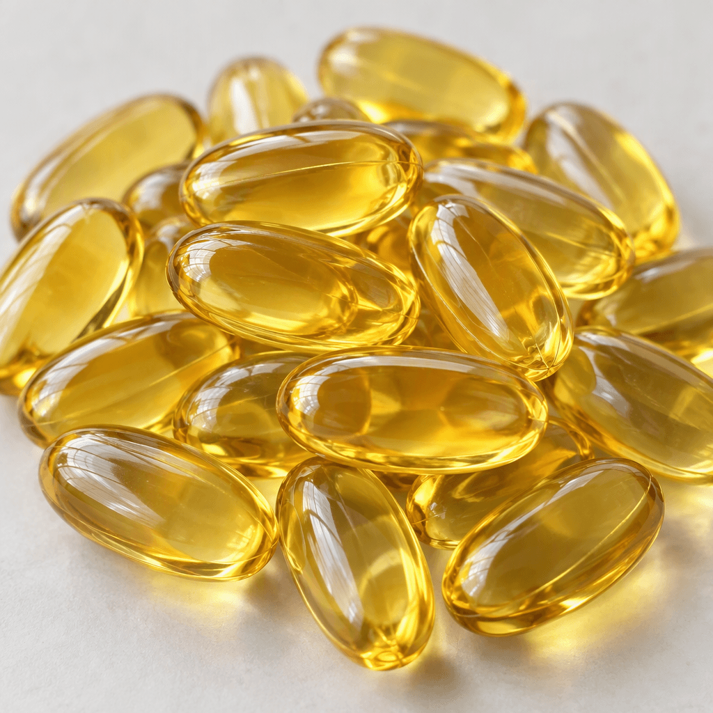 Glossy, translucent golden-yellow oval softgel capsules with smooth surfaces.
