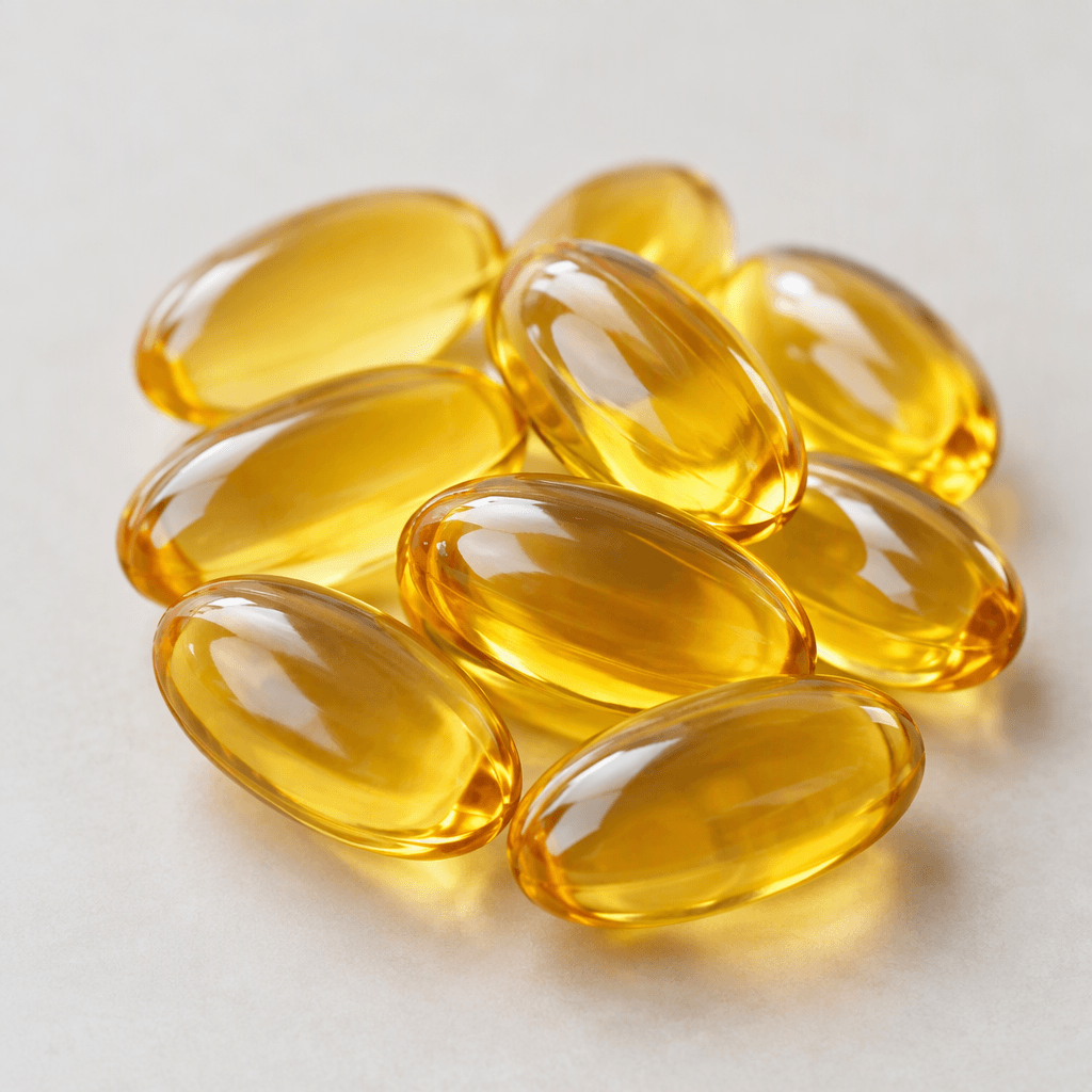 Several smooth, glossy, translucent golden-amber oval softgel capsules are arranged together.