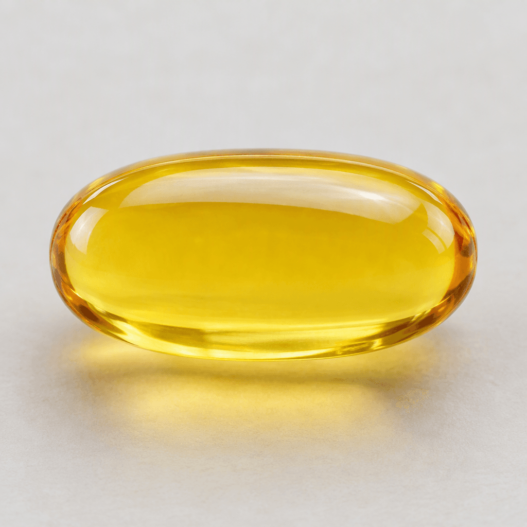 A single smooth, glossy, translucent golden-amber oval softgel capsule with rounded ends.