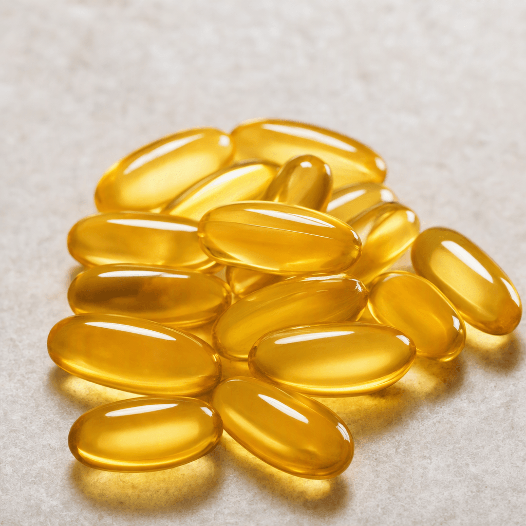 Several smooth, translucent golden-amber oval softgel capsules with glossy surfaces are arranged together.