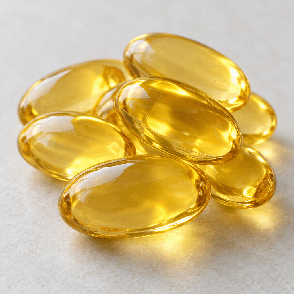 Several smooth, translucent golden-yellow oval softgel capsules with glossy surfaces are arranged together on a plain surface.