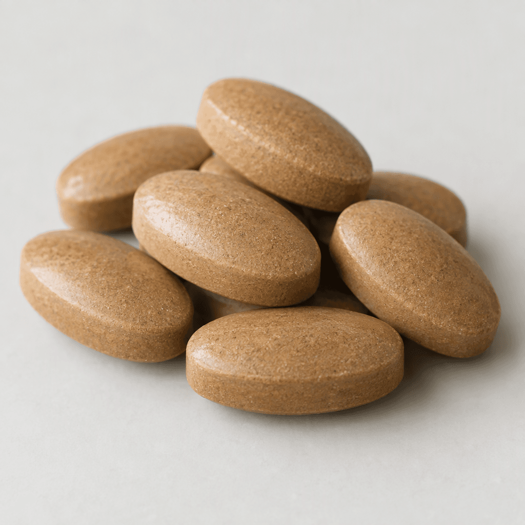 Several smooth, oval tablets with a muted tan-brown coating are arranged together.