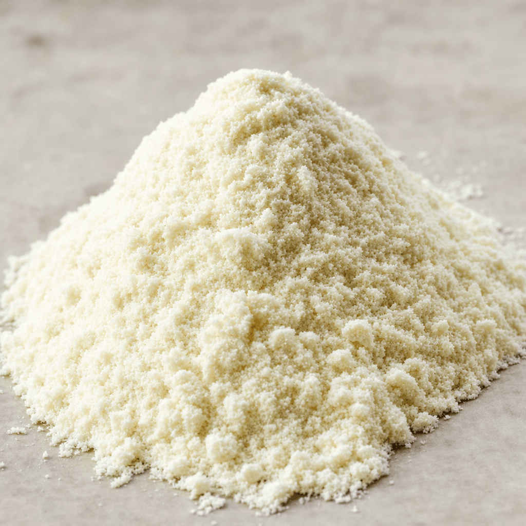 Yumuşak ve kuru dokulu, açık krem renkli ince protein tozu küçük bir yığın hâlinde duruyor.