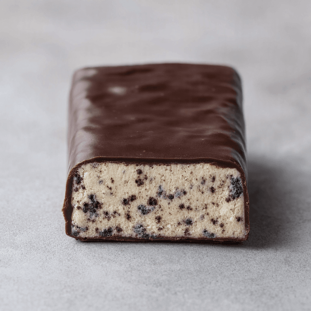 A rectangular protein bar with a dark chocolate coating, its pale cookies-and-cream filling visible at a cut end and dotted with small dark cookie pieces.
