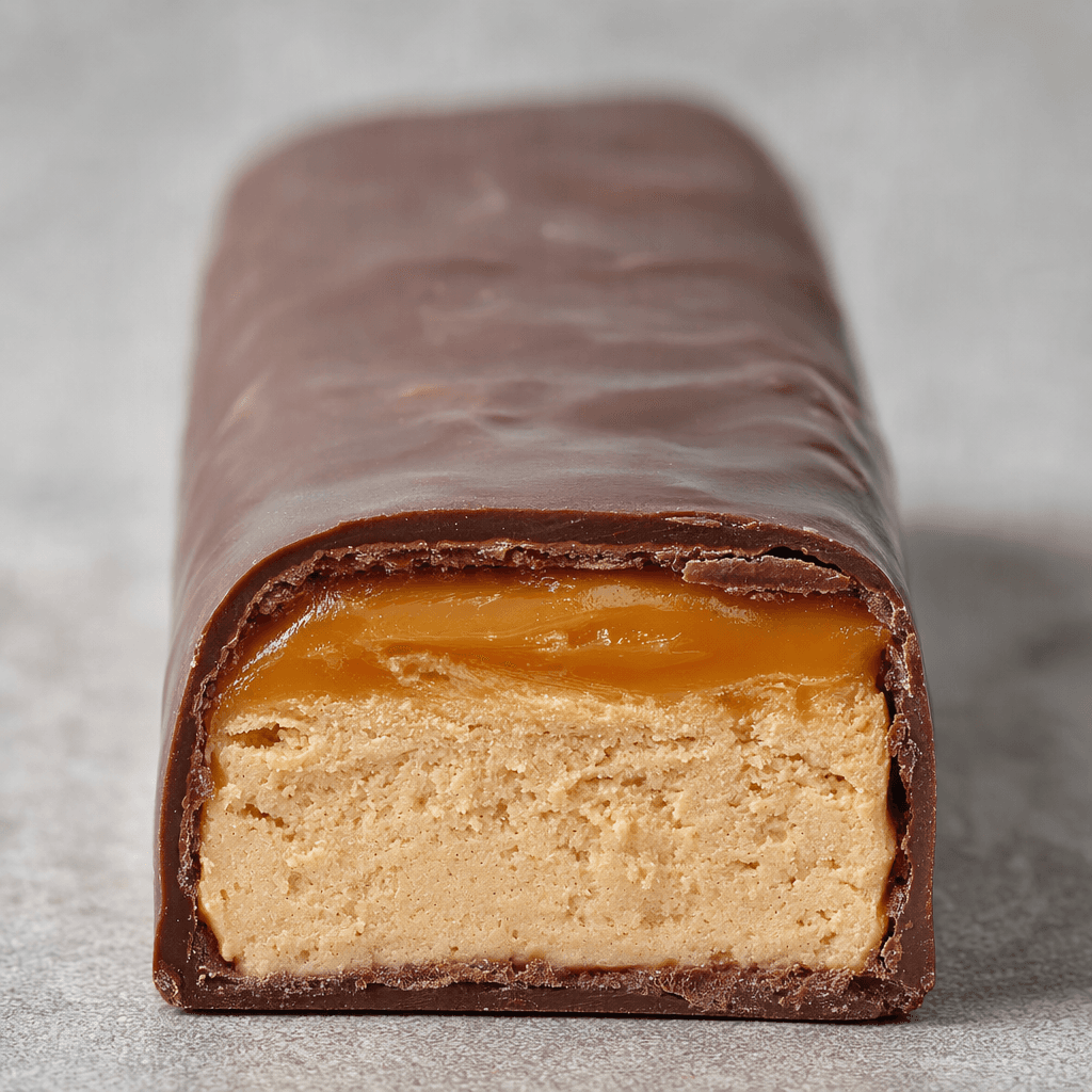 An elongated rectangular bar with a dark chocolate-brown coating, shown with a cut end revealing pale tan filling and a glossy caramel-colored layer.