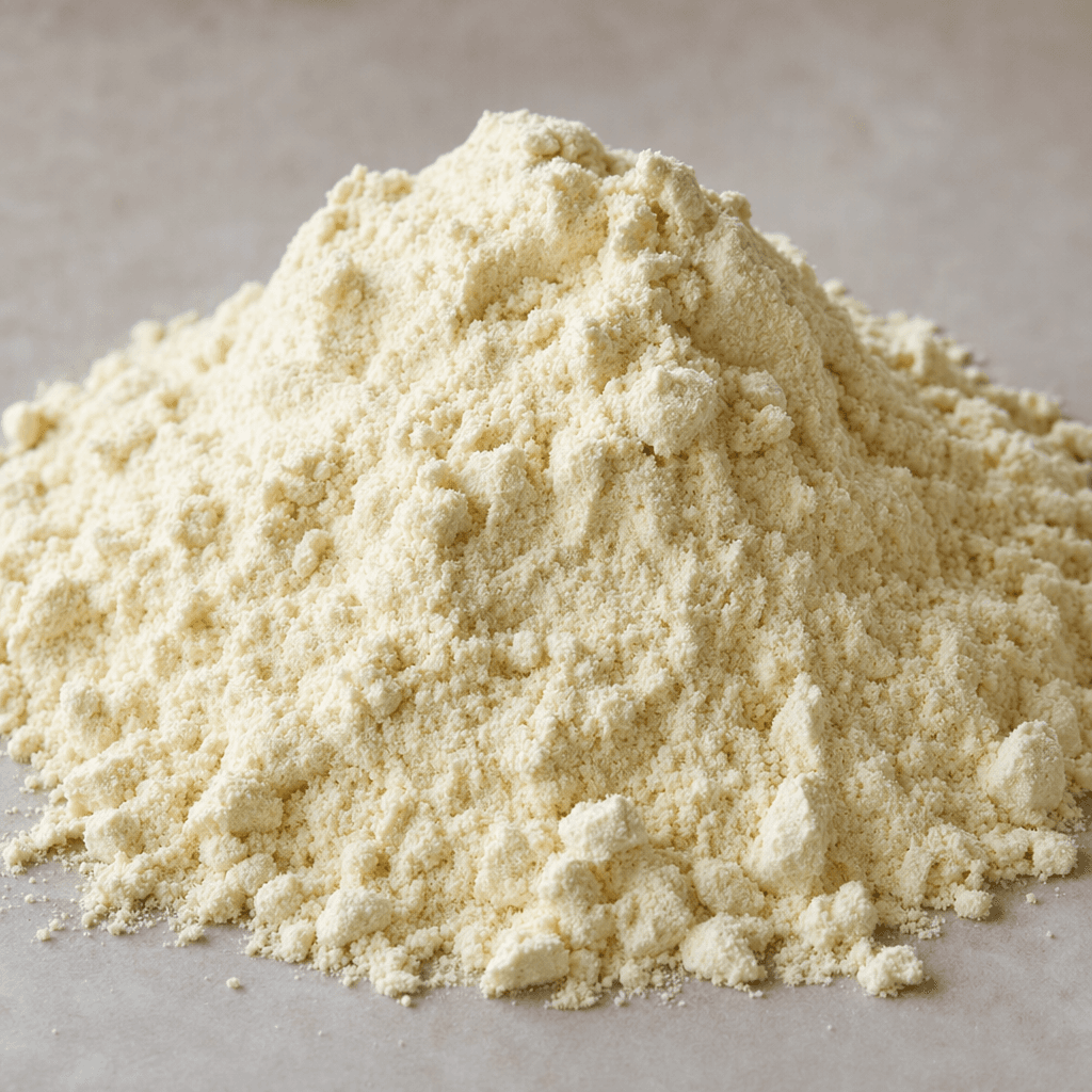 A mound of fine, pale cream-colored protein powder with a soft, slightly clumpy texture.
