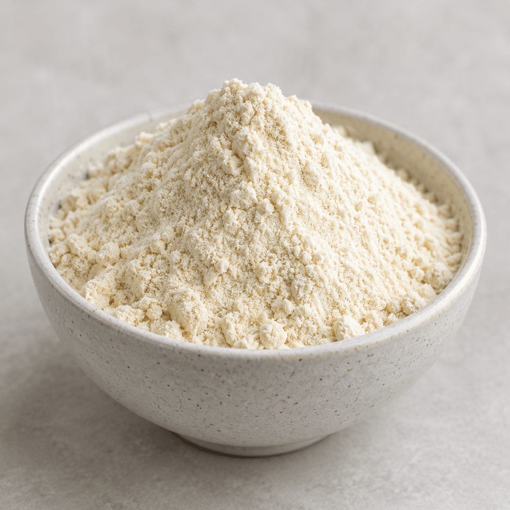 A mound of fine, pale cream-colored protein powder with a soft, slightly granular texture sits in a small bowl.