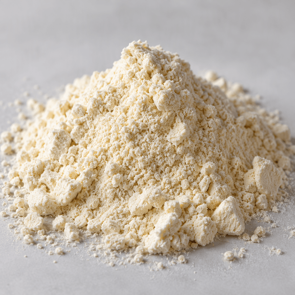 A small mound of fine, pale cream-colored protein powder with a soft, slightly clumpy texture.