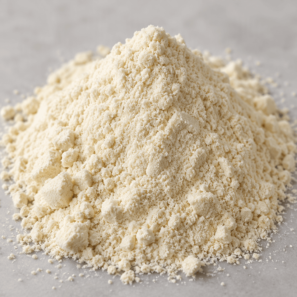 A mound of fine, pale cream-colored protein powder with a soft, dry, slightly granular texture.