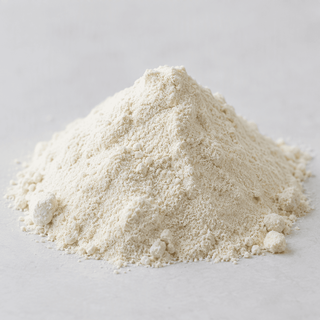 Fine, off-white protein powder sits in a small mound, with a soft, smooth surface and a few tiny clumps.