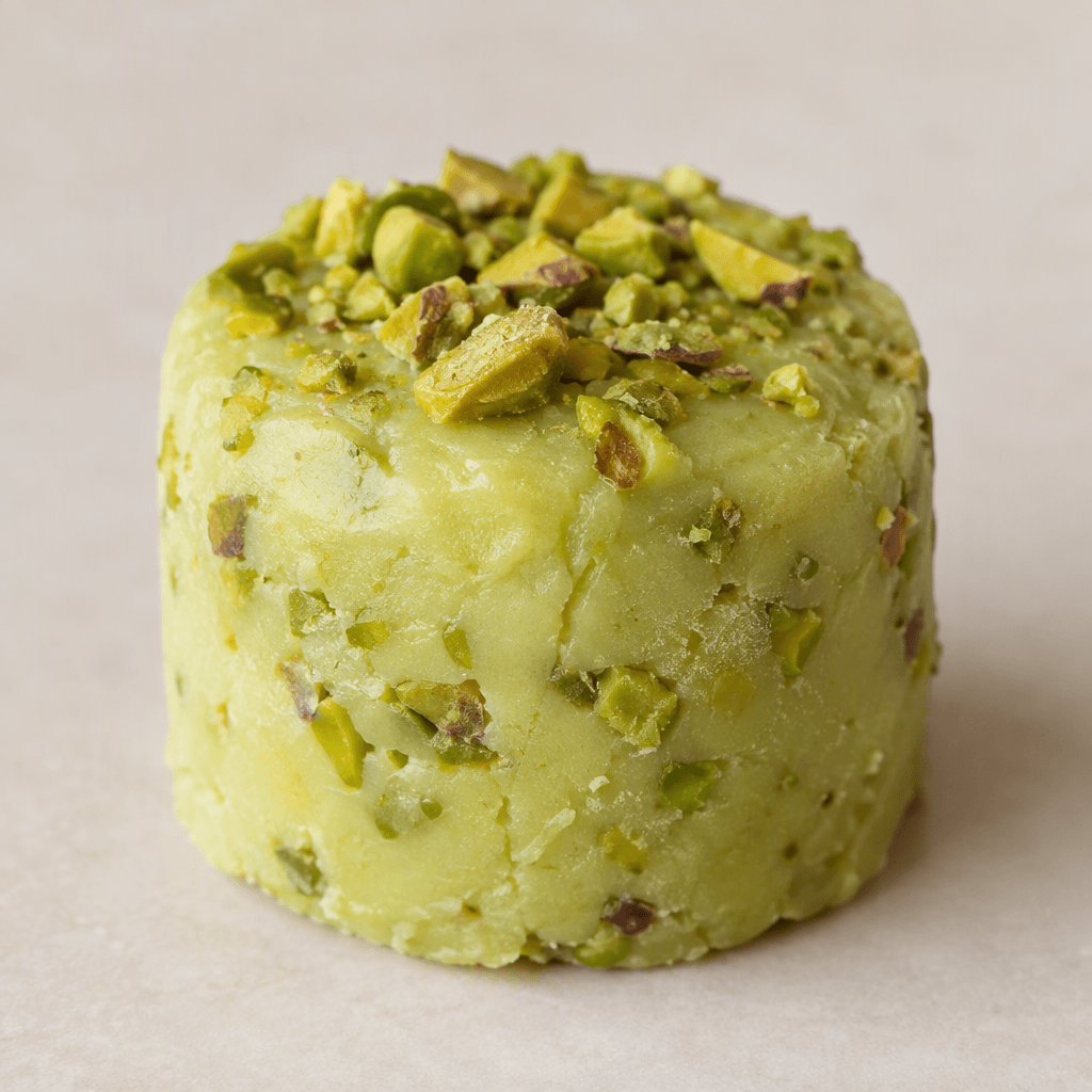 A compact pistachio sweet with a pale green interior, a smooth, creamy-looking surface, and small pieces of pistachio visible throughout.