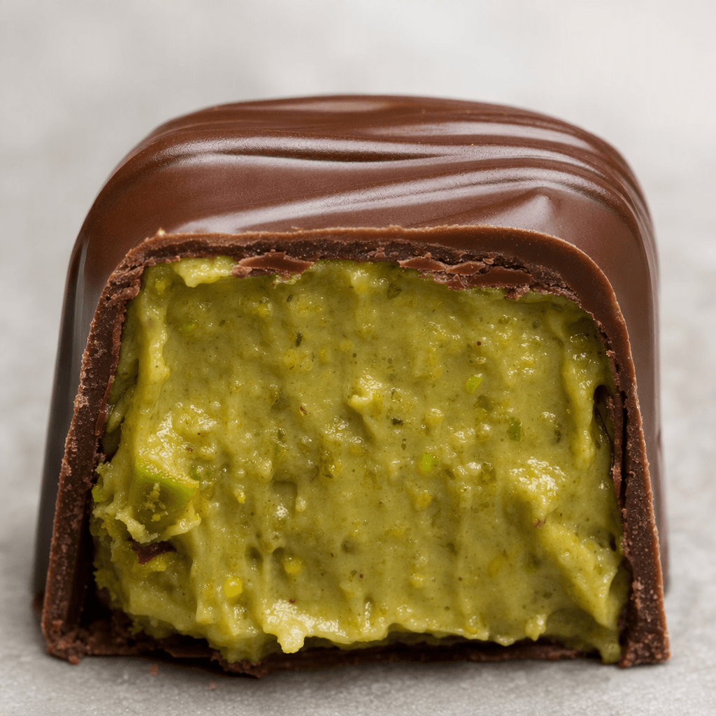 A smooth chocolate confection with a glossy brown outer layer and thick pale-green pistachio cream visible in its cut center.