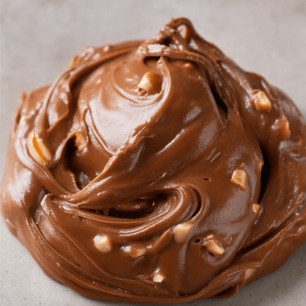 A thick, smooth, glossy milk-chocolate-brown hazelnut spread sits in a soft mound, with a few small hazelnut pieces visible on its surface.