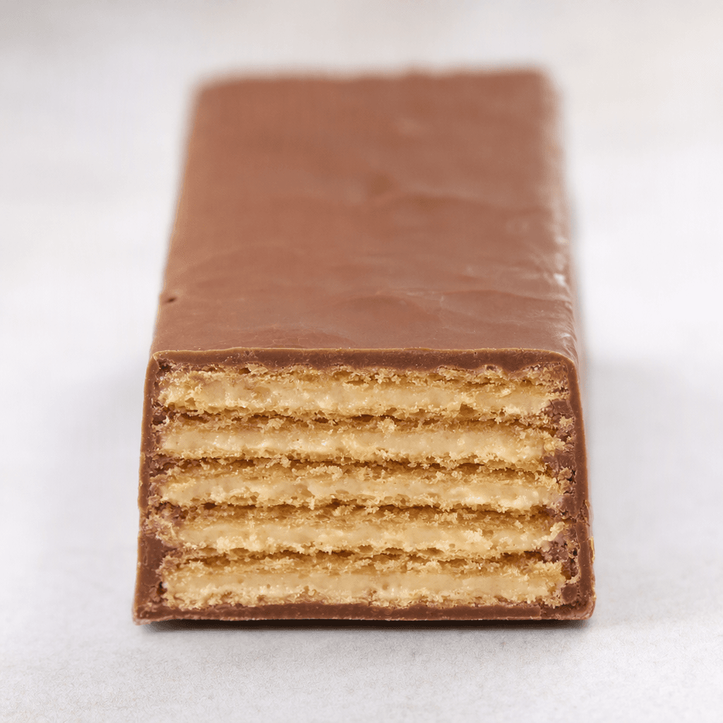 A rectangular wafer coated in smooth brown chocolate, with thin golden layers of crisp wafer and pale hazelnut cream visible at the cut edge.