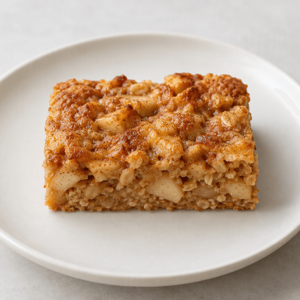 A compact rectangular apple bar with a golden-brown surface and visible small fruit pieces, shown whole on a plain plate.