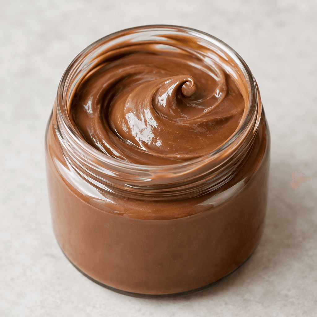 A smooth, thick hazelnut chocolate spread with a glossy light-brown surface.