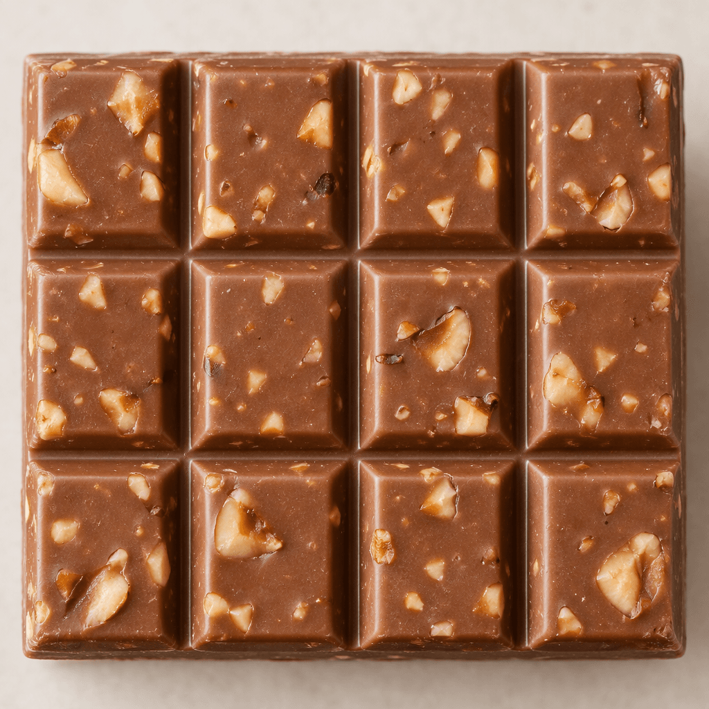 A rectangular milk-chocolate bar divided into raised sections, with small pieces of hazelnut visible across its smooth brown surface.