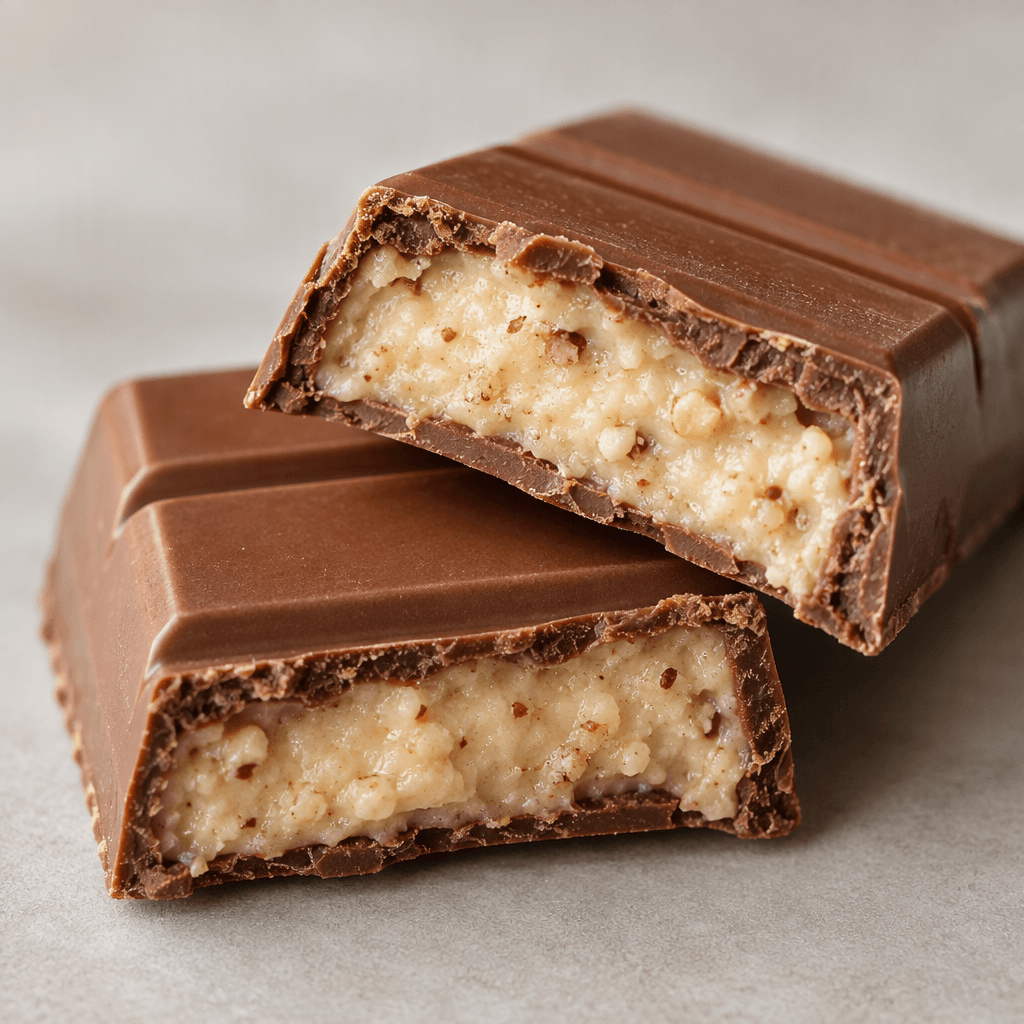 A rectangular milk-chocolate bar with a smooth brown outer coating and a pale hazelnut-cream filling visible where it is broken or cut.