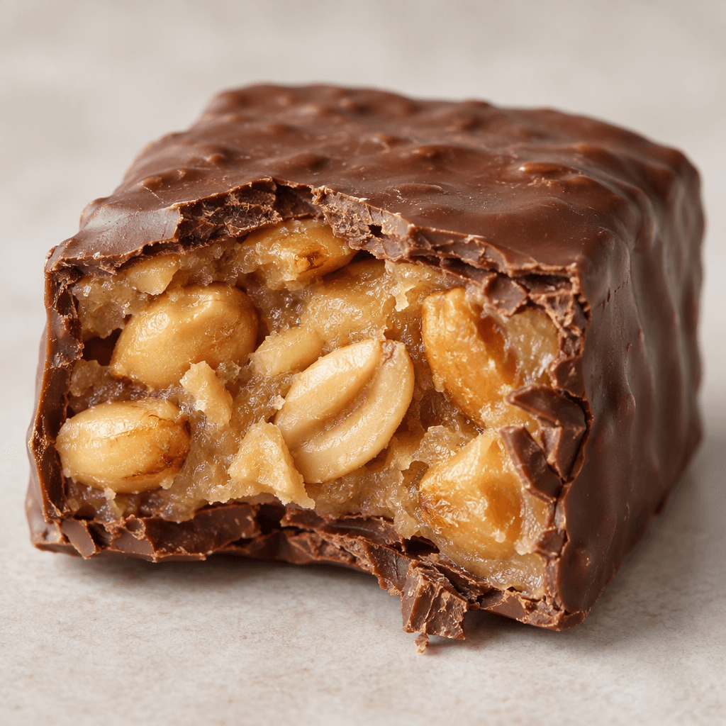 A compact, rectangular chocolate-coated sweet with a broken-open section showing golden-brown peanuts embedded in a dense, pale caramel-colored filling.