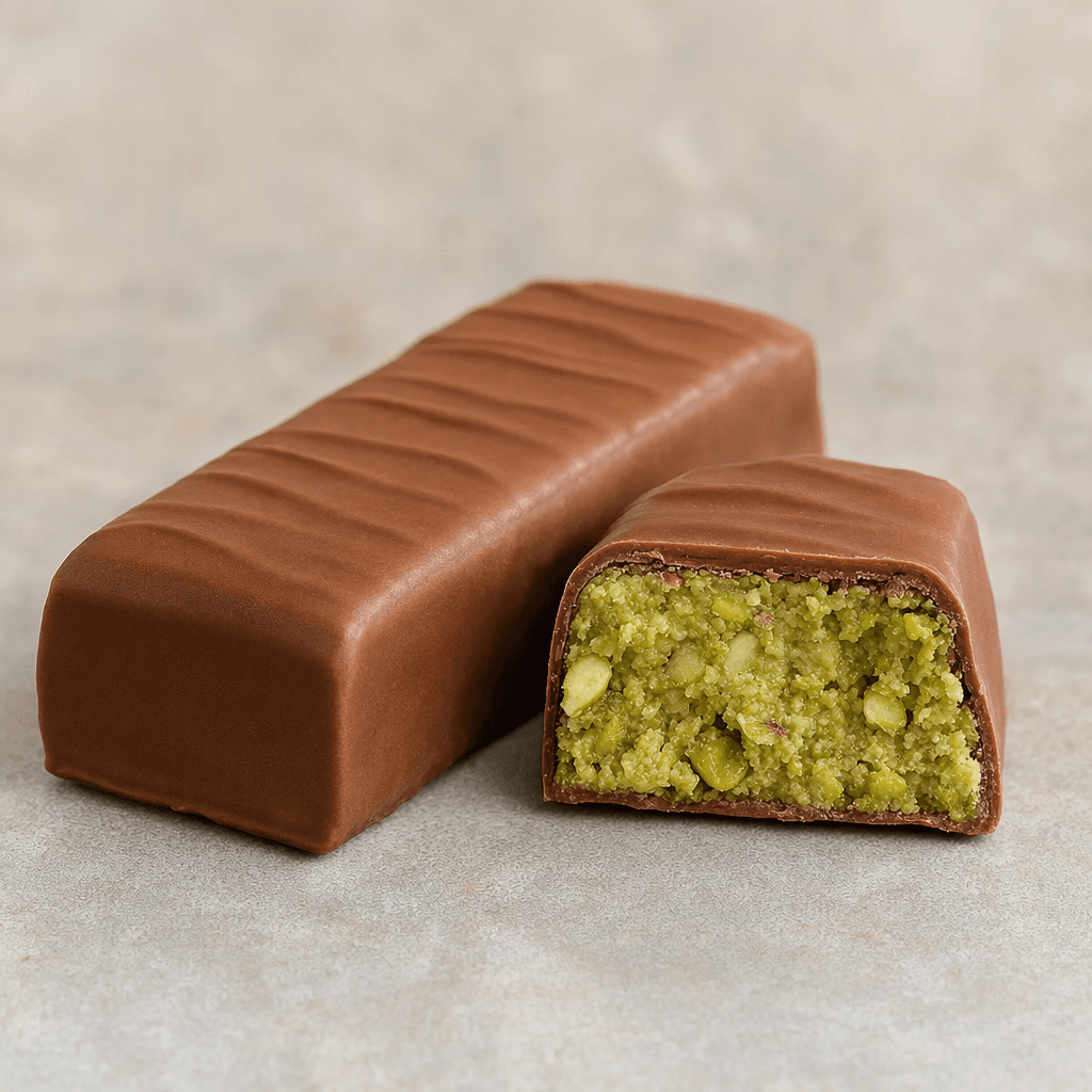 A rectangular chocolate bar with a smooth brown coating, shown whole beside a cut piece that reveals a pale-green pistachio filling with small nut pieces.