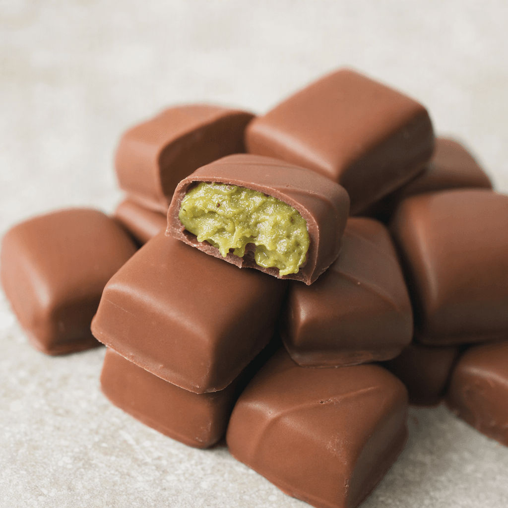 Small, bite-sized pieces of smooth brown chocolate, with one cut open to show a pale green pistachio cream filling.