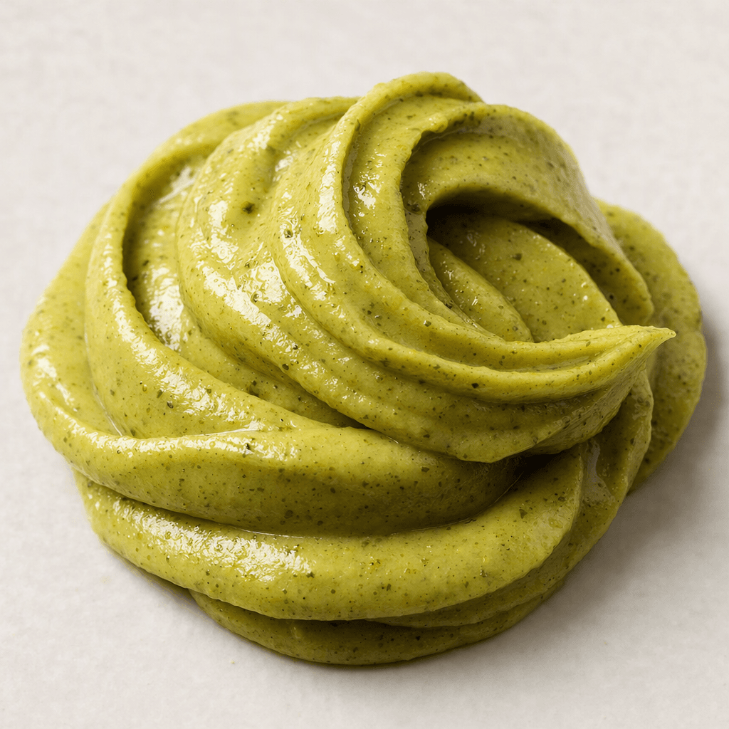 A small portion of thick, glossy pale-green pistachio cream with fine darker-green flecks and a smooth, spreadable texture.