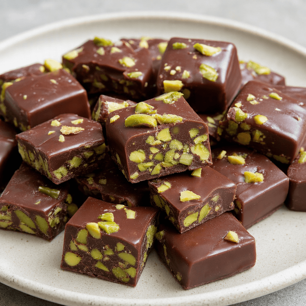 Small, bite-sized pieces of glossy brown chocolate with pale green pistachio pieces visible on their surfaces and in the cut centers, arranged together on a plate.