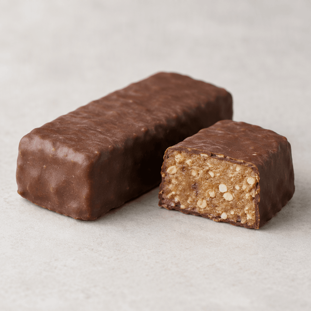 A compact rectangular protein bar with a matte chocolate-brown coating and a dense, light-brown interior dotted with small pale pieces, shown whole beside a cut section.