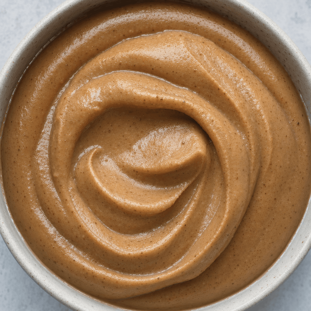 A thick, smooth, light-brown hazelnut paste with a slight sheen and a few tiny darker flecks.