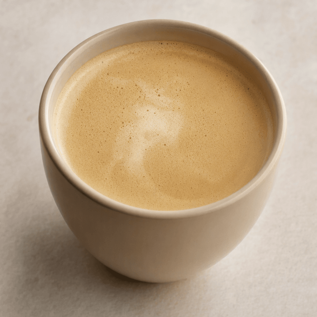 A light tan, creamy coffee with a smooth surface and a thin layer of pale foam, served in a cup.