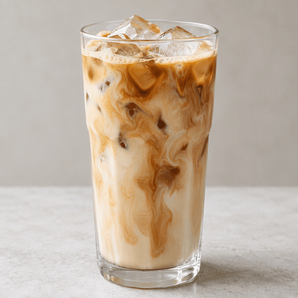 A tall clear glass holds a pale beige iced latte with darker coffee marbling through the drink and several angular ice cubes visible near the top.
