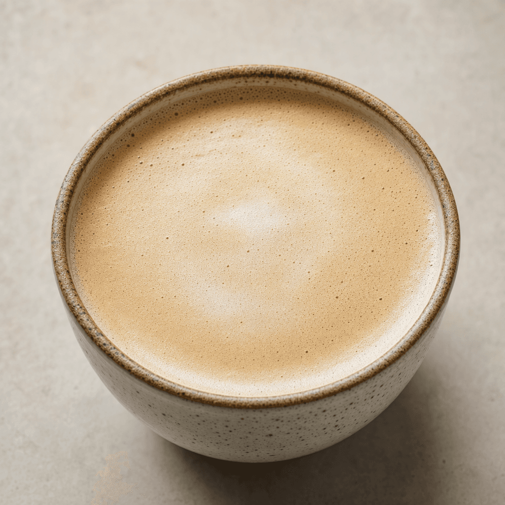 A creamy light-tan latte fills a cup, with a smooth surface and a thin layer of pale foam.