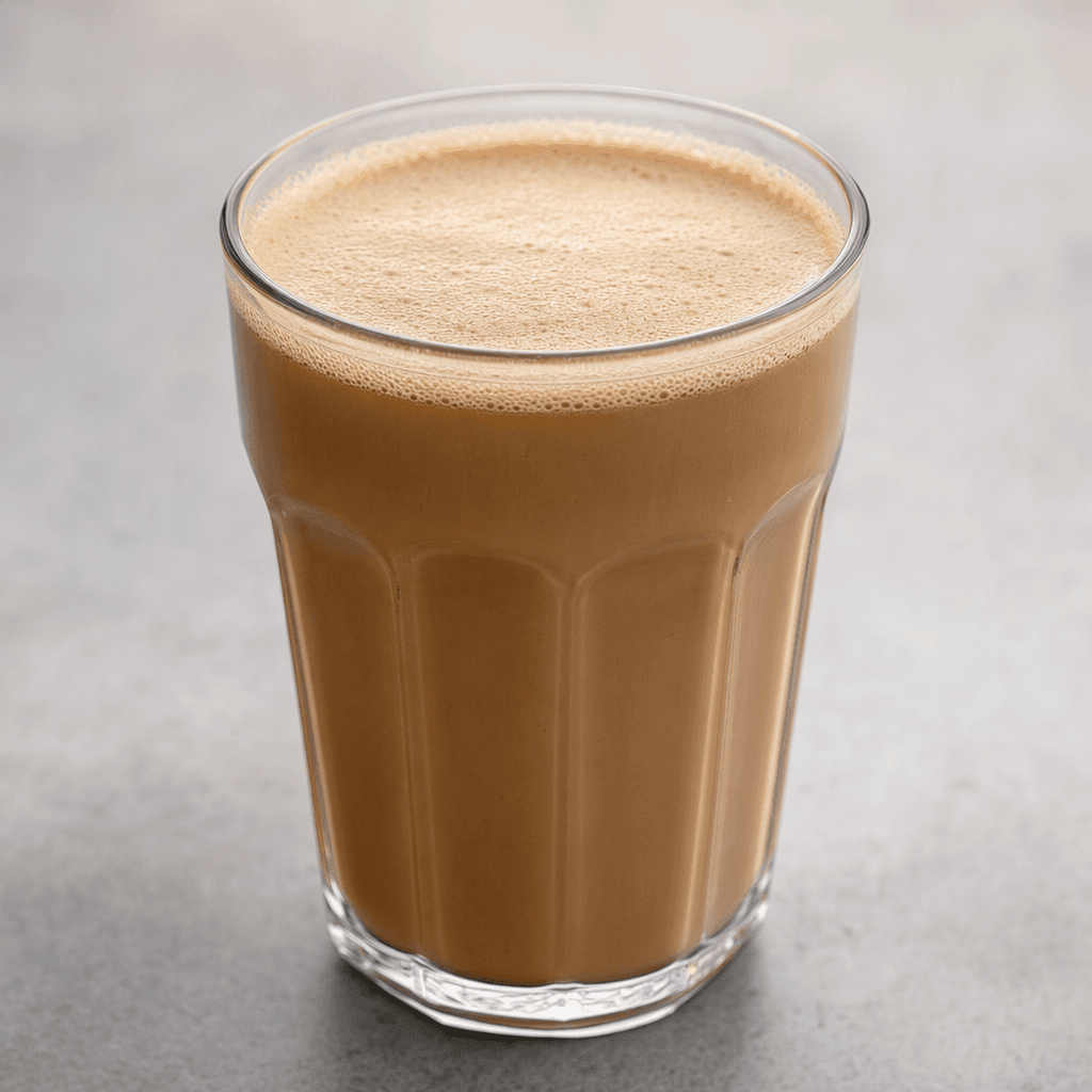 A creamy, medium-brown mocha coffee sits in a clear glass, with a thin layer of pale foam on top.
