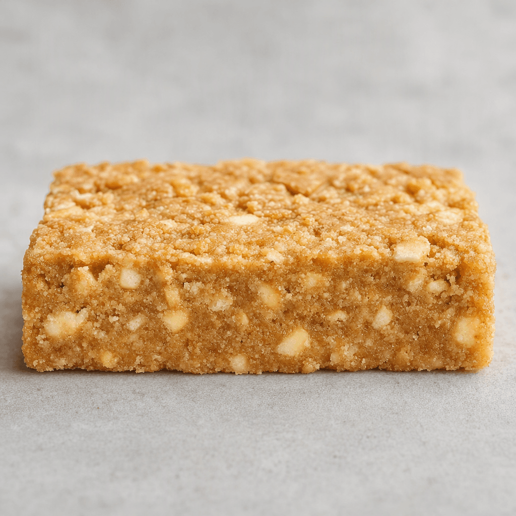A short, rectangular tan-brown bar with a rough, crumbly surface and small pale biscuit pieces visible throughout, resting on a plain surface.