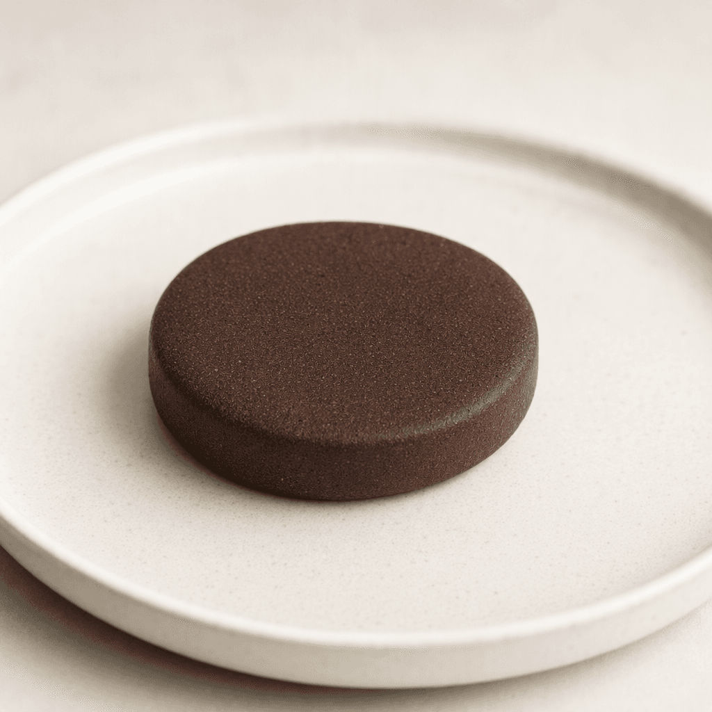 A small, flat, dark brown tablet with a compact, matte surface and softly rounded edges rests on a plain plate.