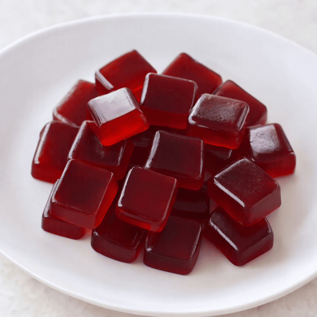 Small, glossy, translucent dark-red gummies with softly rounded edges are arranged on a plain white plate.