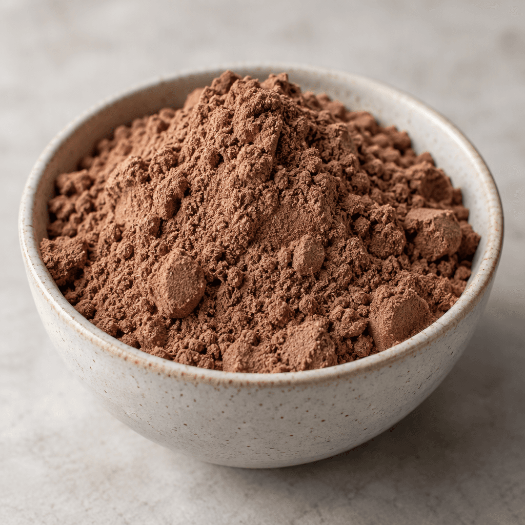 Küçük bir kâsede, ince öğütülmüş ve hafif topaklı dokusuyla kakao renginde bir protein tozu yığını duruyor.
