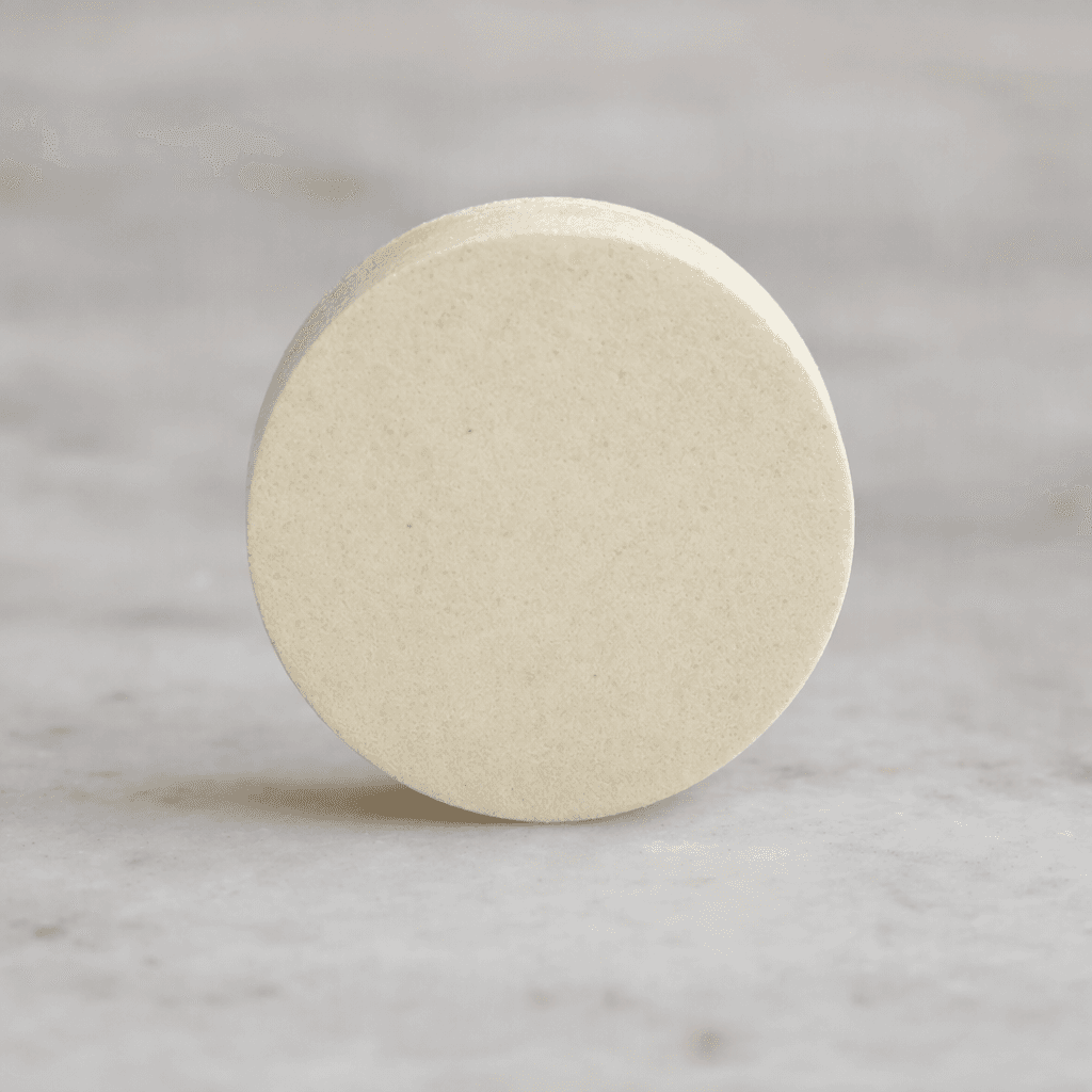 A small, off-white, round compressed tablet with a smooth, matte surface, shown by itself.