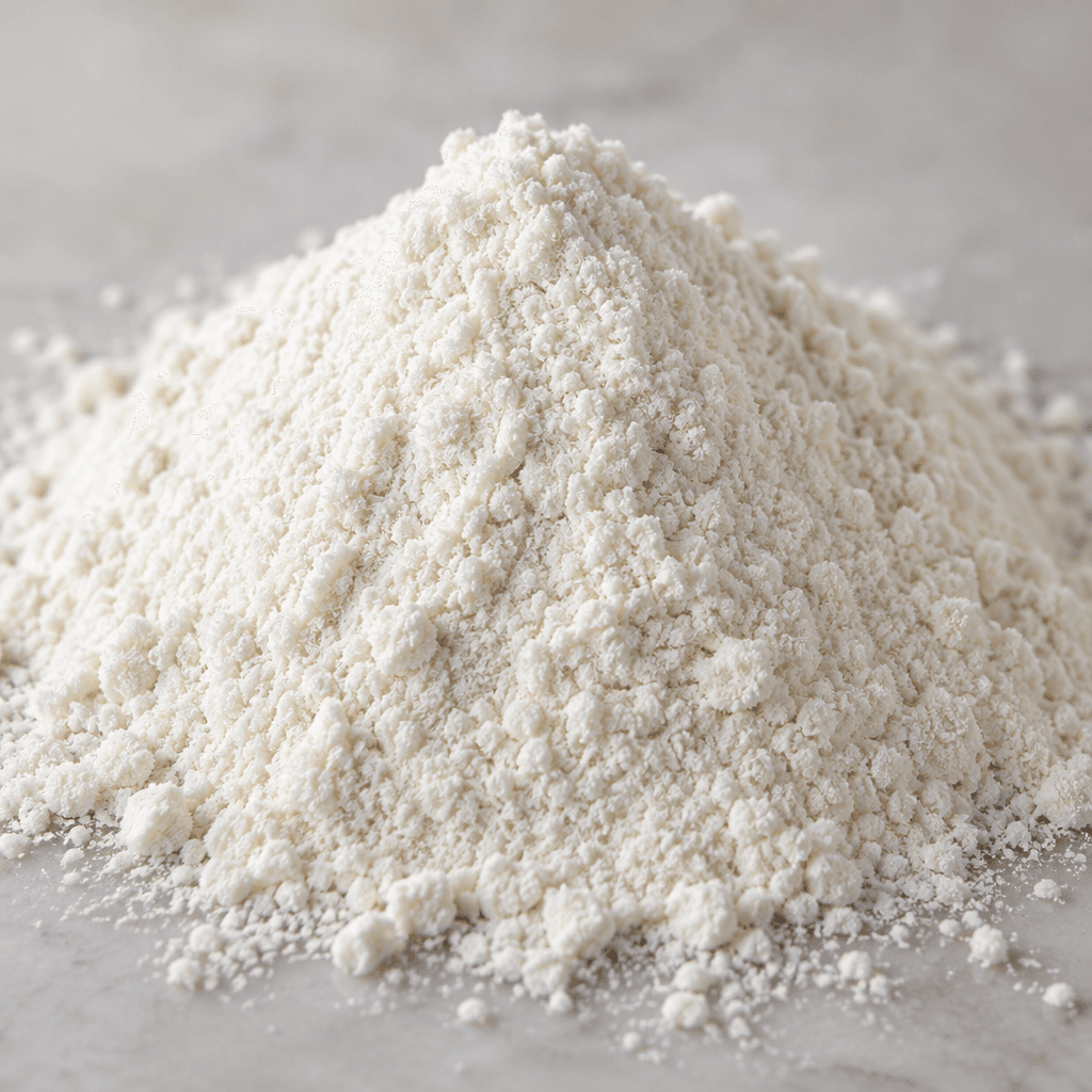 A fine, pale cream-colored rice flour forms a soft, loose mound with a lightly powdery surface.