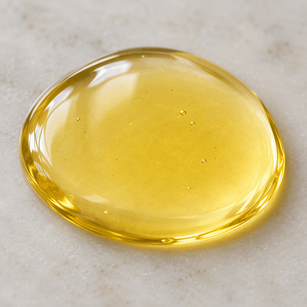 A small pool of clear, glossy, pale golden-yellow fish oil with a smooth, slightly viscous surface.