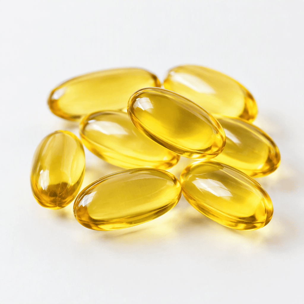 Several translucent golden-yellow, oval softgel capsules with smooth, glossy surfaces are arranged on a clean white surface.
