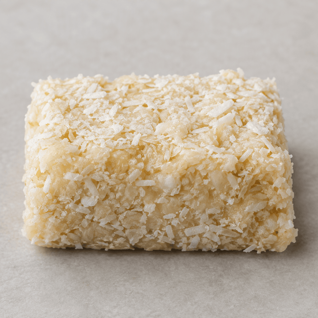 A compact rectangular bar with a pale cream, slightly uneven surface and visible fine coconut shreds.