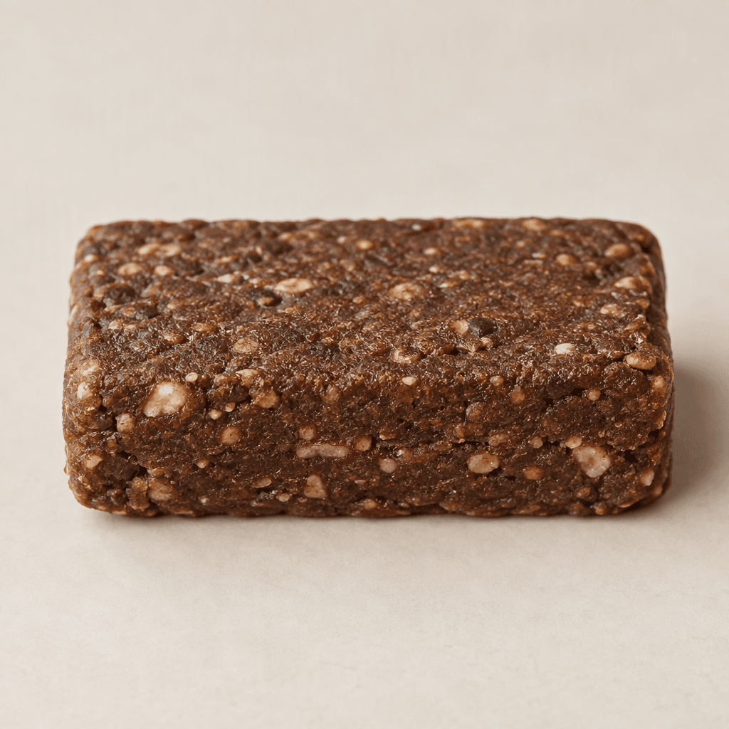 A compact, rectangular cocoa-brown protein bar with a slightly rough, dense surface and a few visible lighter specks, shown whole.